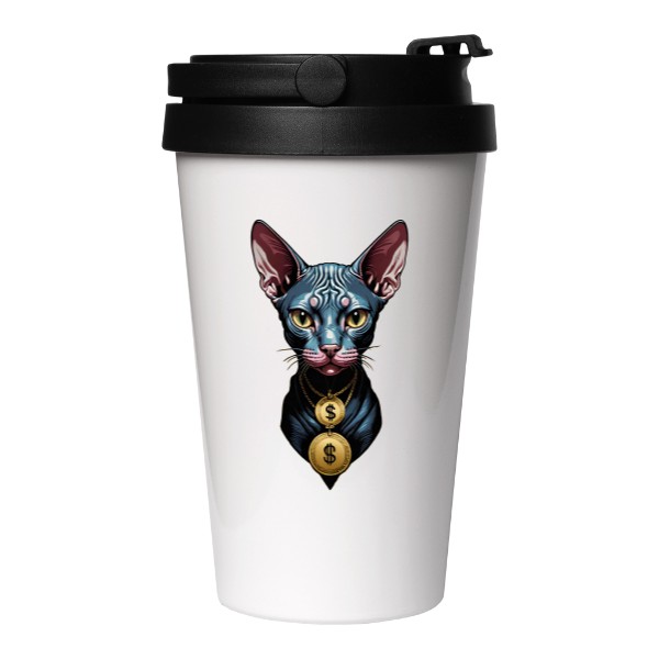 Cestovní nerezový hrnek s potiskem Sphynx cat dollar
